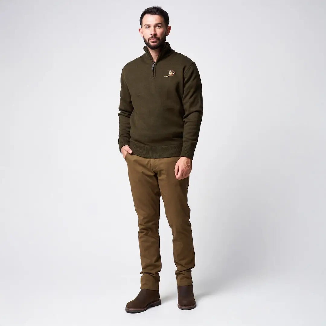 Olive green Jack Pyke Pheasant zip neck pullover with embroidered logo