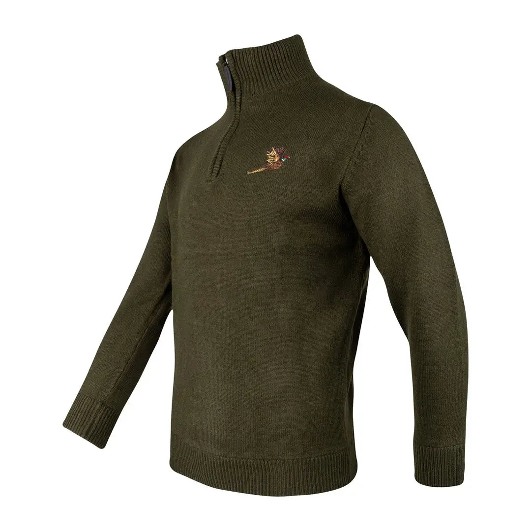 Olive green Jack Pyke Pheasant zip neck sweater with a pheasant design for outdoor style