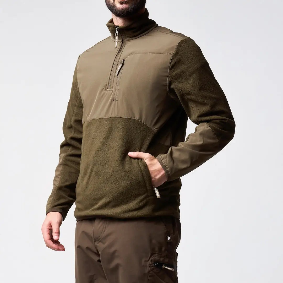 Jack Pyke Rannock fleece pullover in olive green and dark brown two-tone