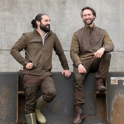 Two men in brown outdoor gear showcasing the Jack Pyke Rannock Fleece Pullover