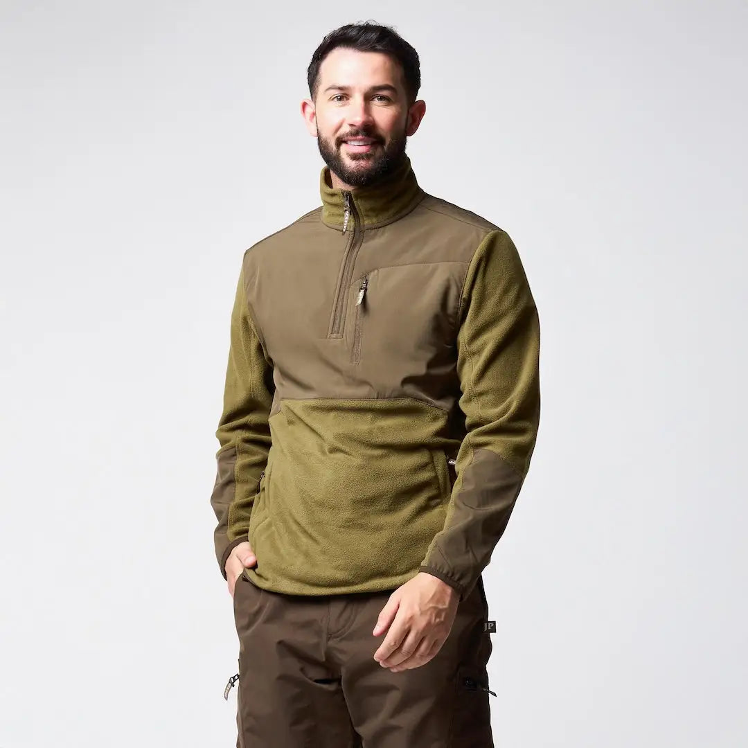 Jack Pyke Rannock fleece pullover in olive green two-tone with textured panel
