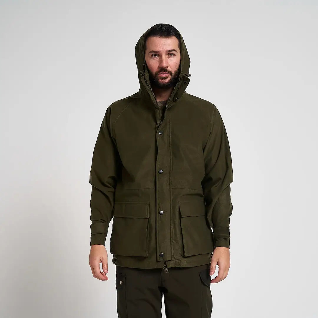 Olive green Jack Pykes Rannock waterproof hunting jacket with hood, buttons and pockets