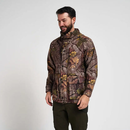 Jack Pyke Rannock waterproof hunting jacket in brown green camo with leaf branch patterns