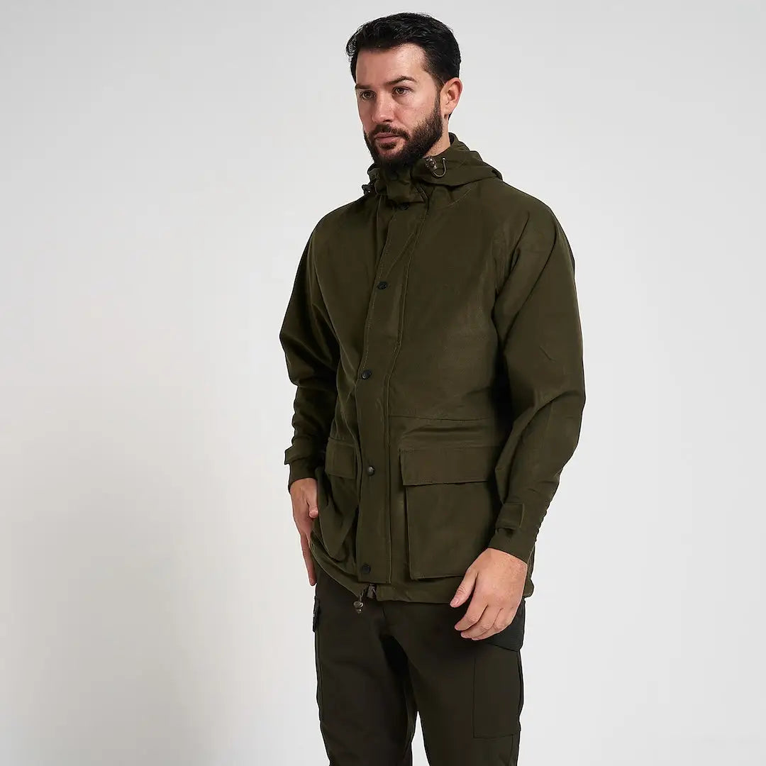 Jack Pykes lightweight olive green hooded field jacket with waterproof design