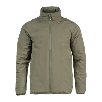Olive green Jack Pyke reversible waterproof jacket with high collar