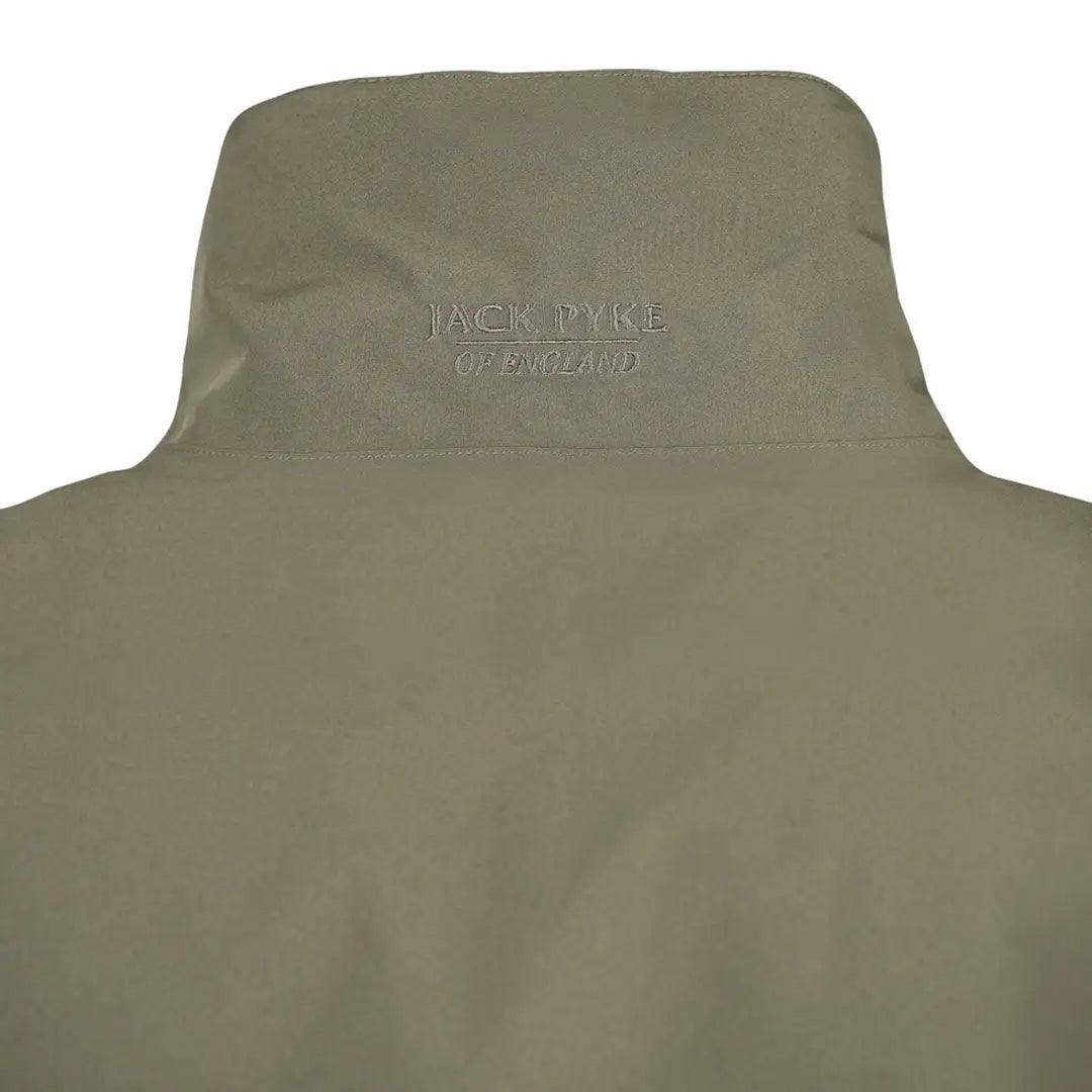 Olive green Jack Pyke reversible waterproof jacket collar with embroidered branding