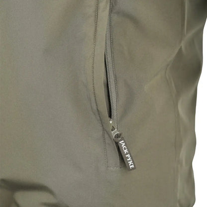 Olive green Jack Pyke reversible waterproof jacket with silver zipper