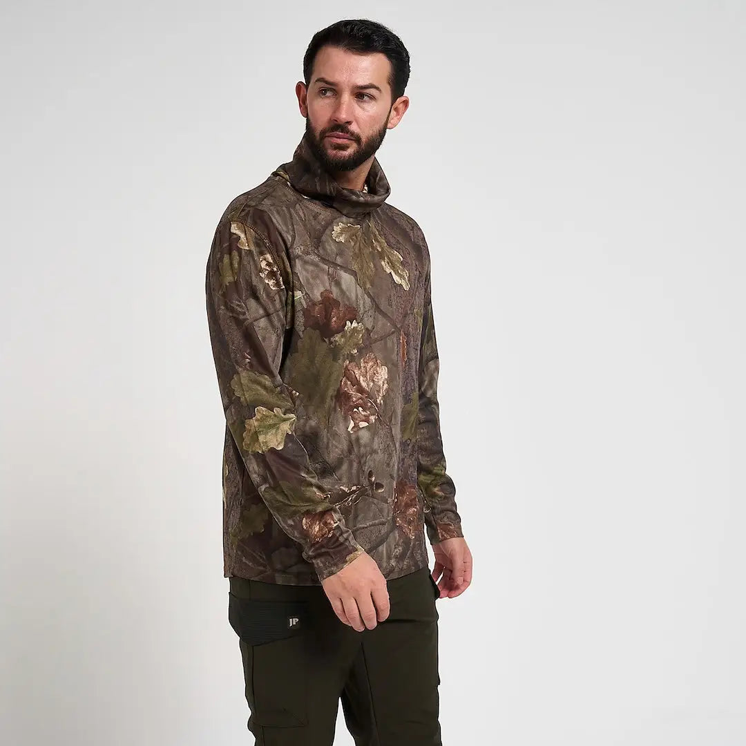 Jack Pyke roll neck camouflage hoodie for fieldsports activity, regulates body core temperature