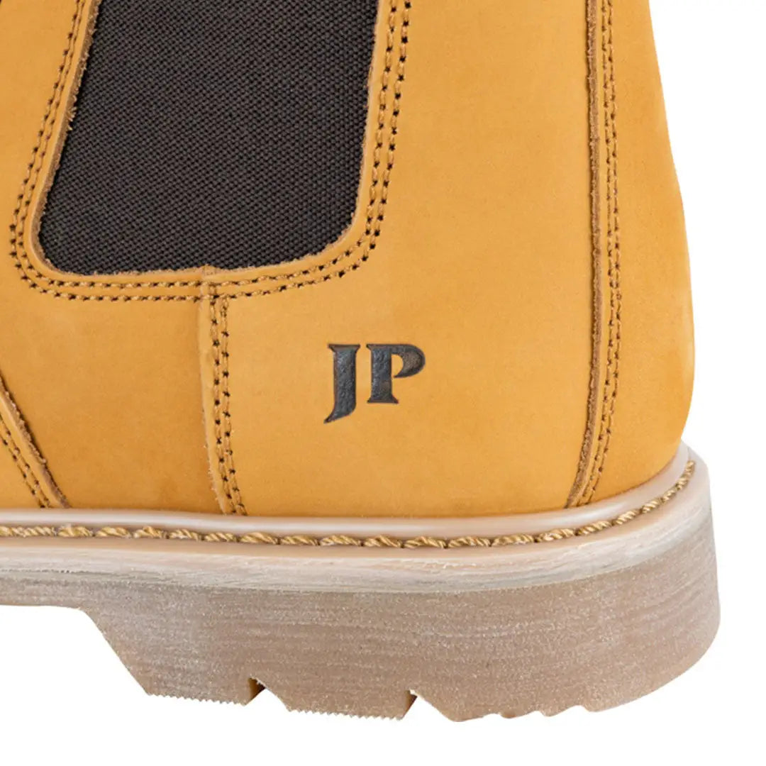 Yellow suede Jack Pyke safety dealer boot with black elastic panel and JP logo