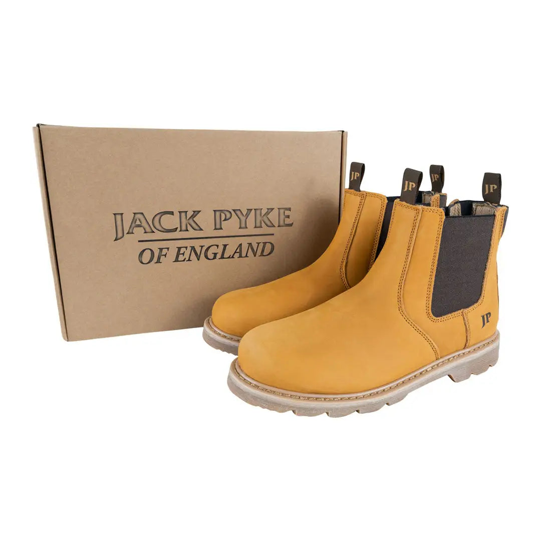 Jack Pyke safety dealer boots in tan leather with black elastic panels