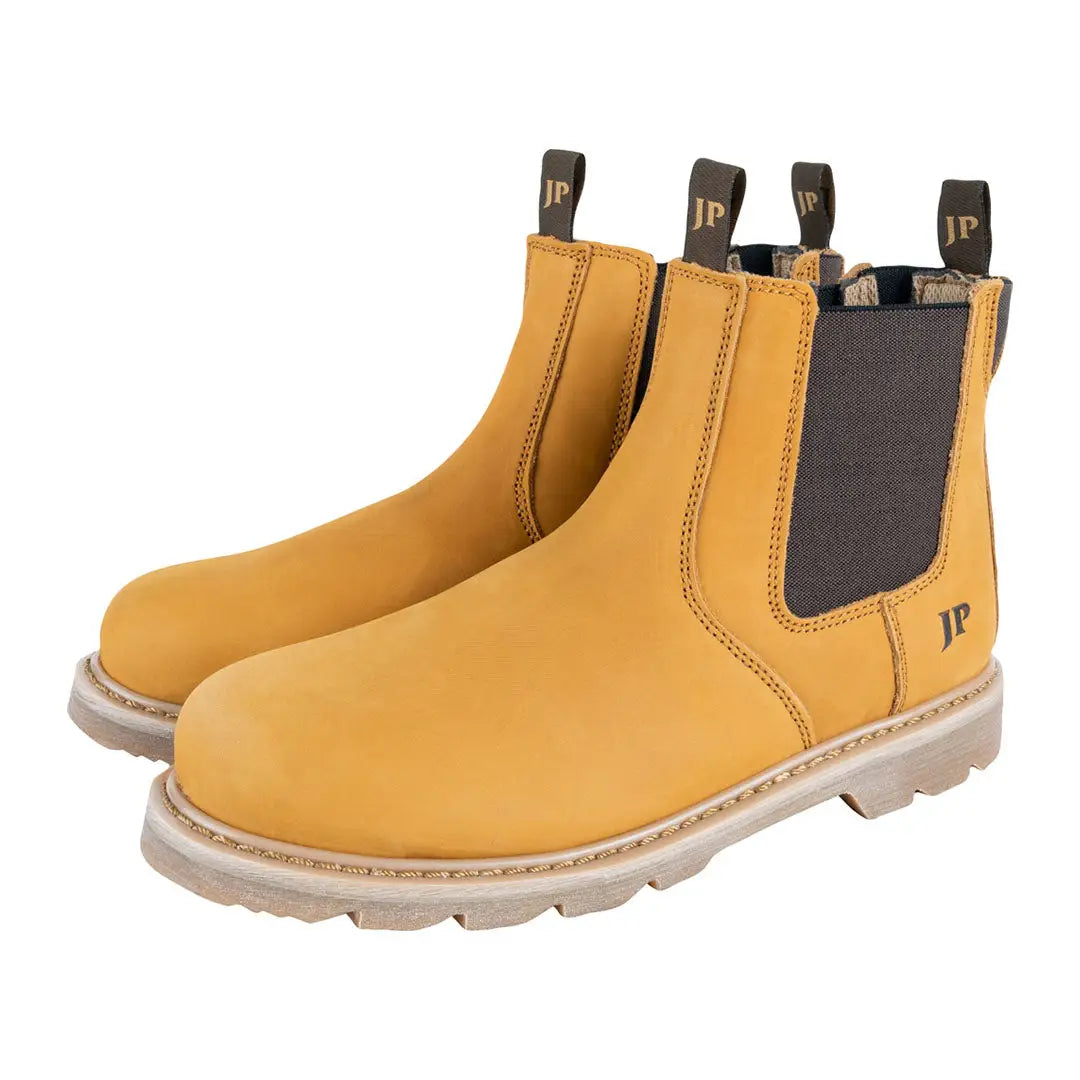 Yellow suede Jack Pyke safety dealer boots with black elastic panels and JP branding