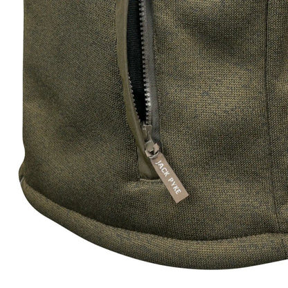 Olive green waxed canvas backpack with Jack Pyke branding in Scandinavian fleece jacket