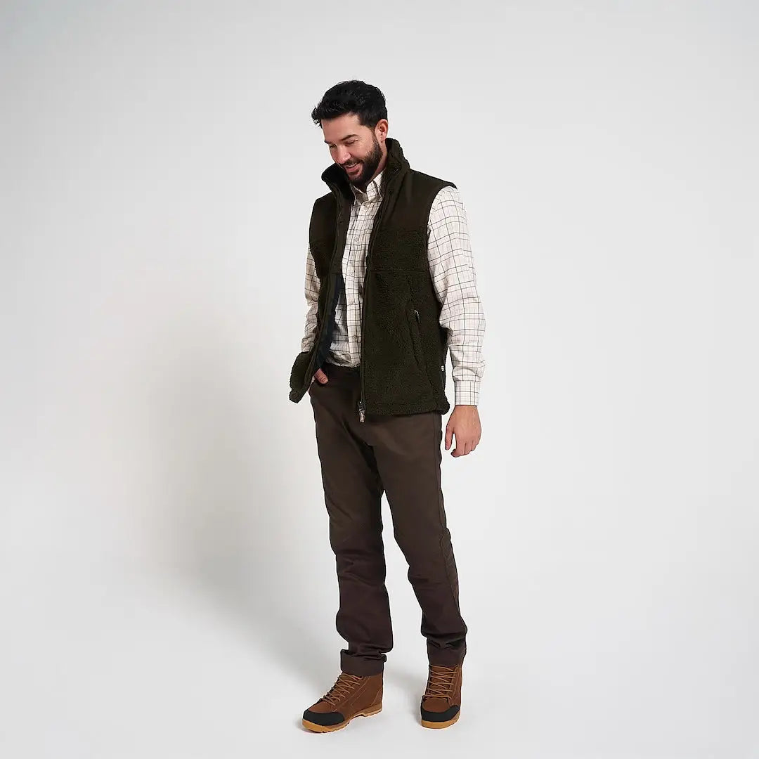 Dark olive green Jack Pyke sherpa fleece gilet with high collar and zipper
