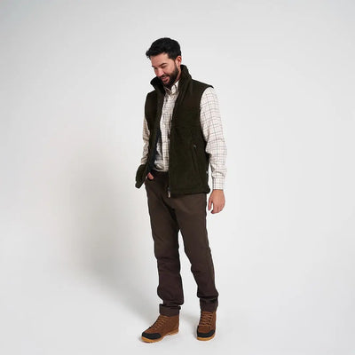 Dark olive green Jack Pyke sherpa fleece gilet with high collar and zipper