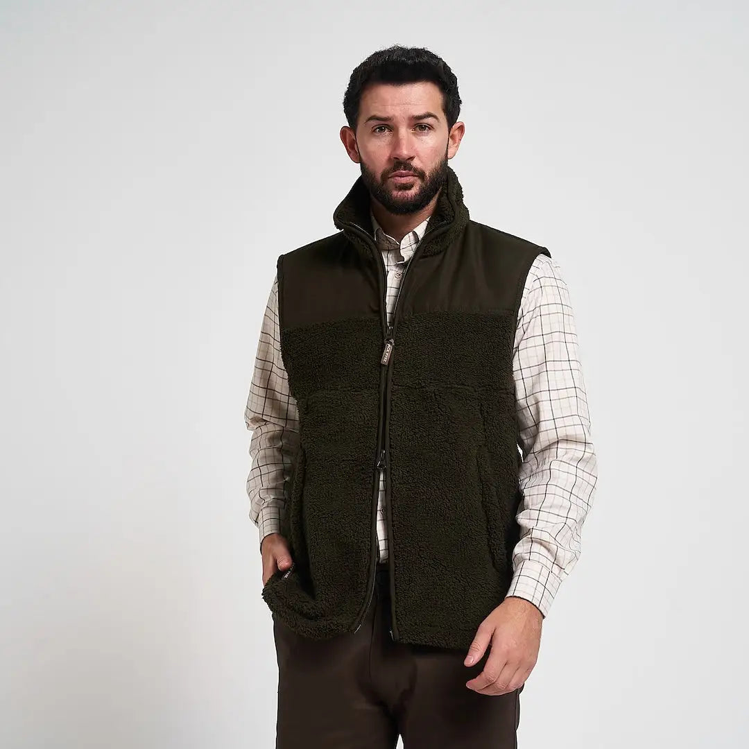 Dark olive green Jack Pyke sherpa fleece gilet with quilted front