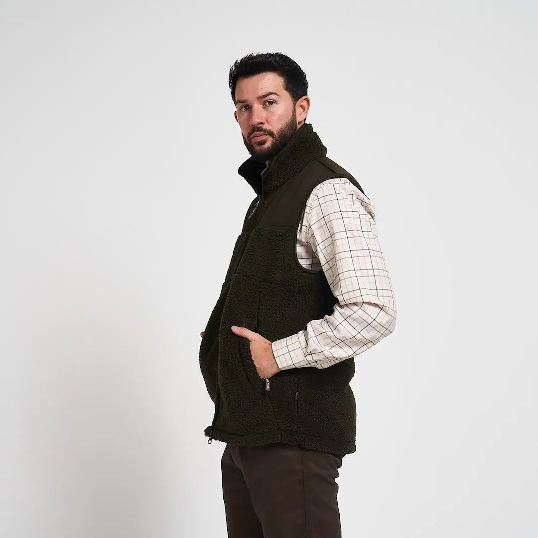 Olive green Jack Pyke sherpa fleece gilet with high collar and zipper