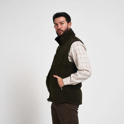 Olive green Jack Pyke sherpa fleece gilet with high collar and zipper