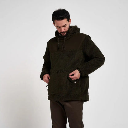 Jack Pyke Sherpa Fleece Hoodie Gen II in dark olive green with plush textured exterior and front pockets
