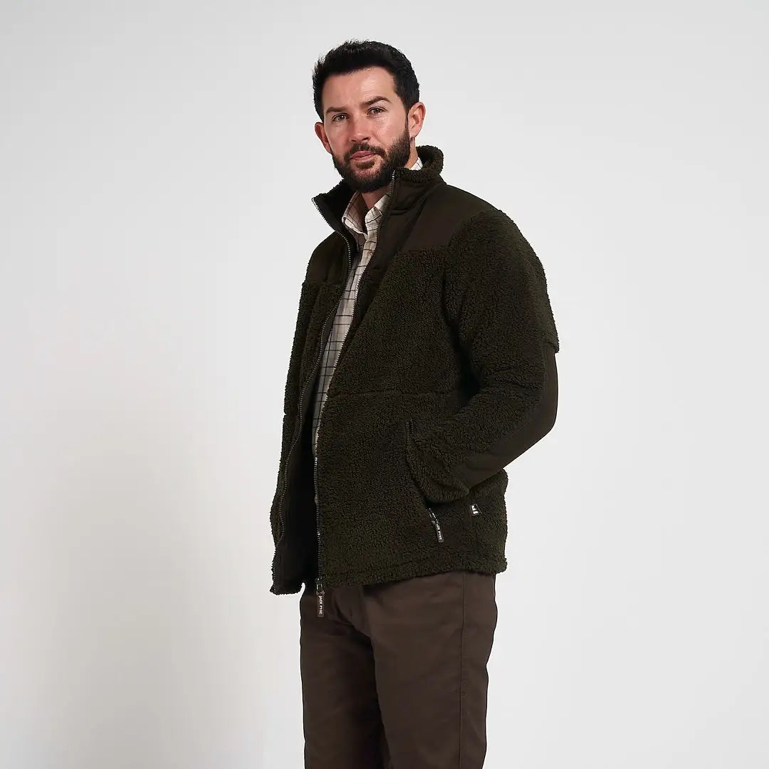 Jack Pyke Sherpa fleece jacket in dark olive green with high collar and zip pockets