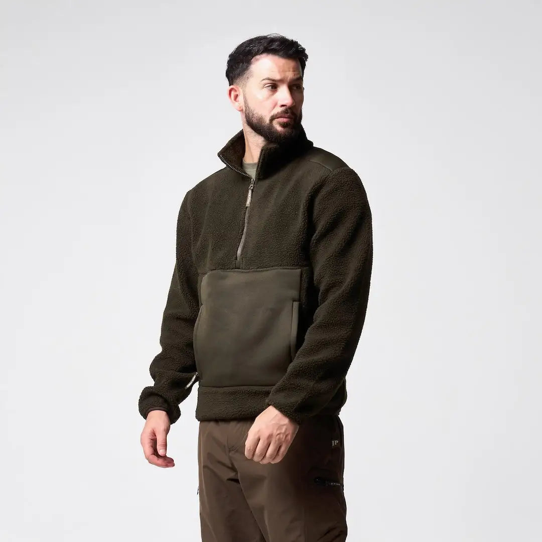 Jack Pyke Sherpa Pullover in olive green fleece with dark chest panel