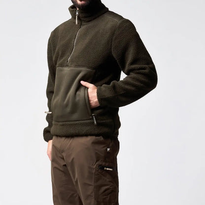Jack Pyke Sherpa pullover in olive green fleece with half-zip collar