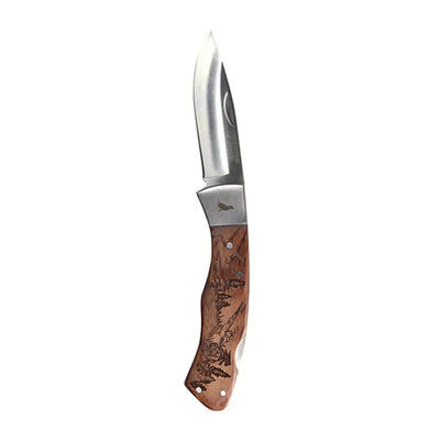 Folding pocket knife with rosewood handle featuring sturdy stainless steel and laser etched bolster