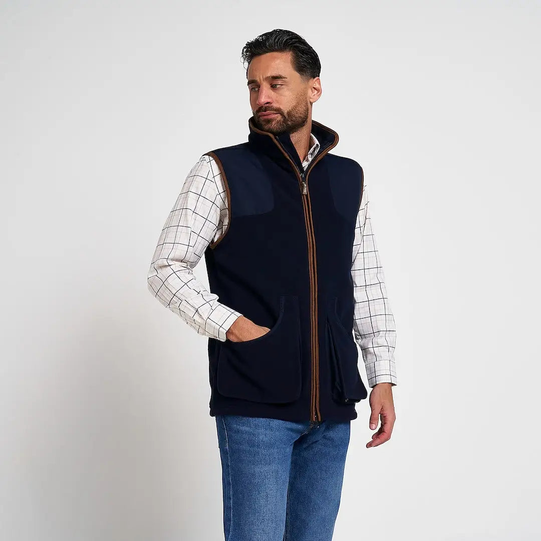 Jack Pyke Shooters Gilet navy blue fleece vest with brown leather trim