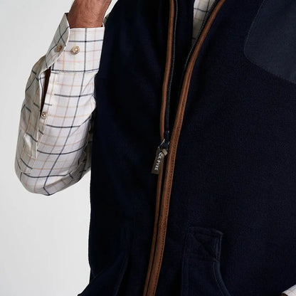 Jack Pyke shooters gilet in navy blue fleece with brown zipper trim