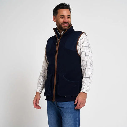 Jack Pyke shooters gilet in navy blue fleece with brown leather trim