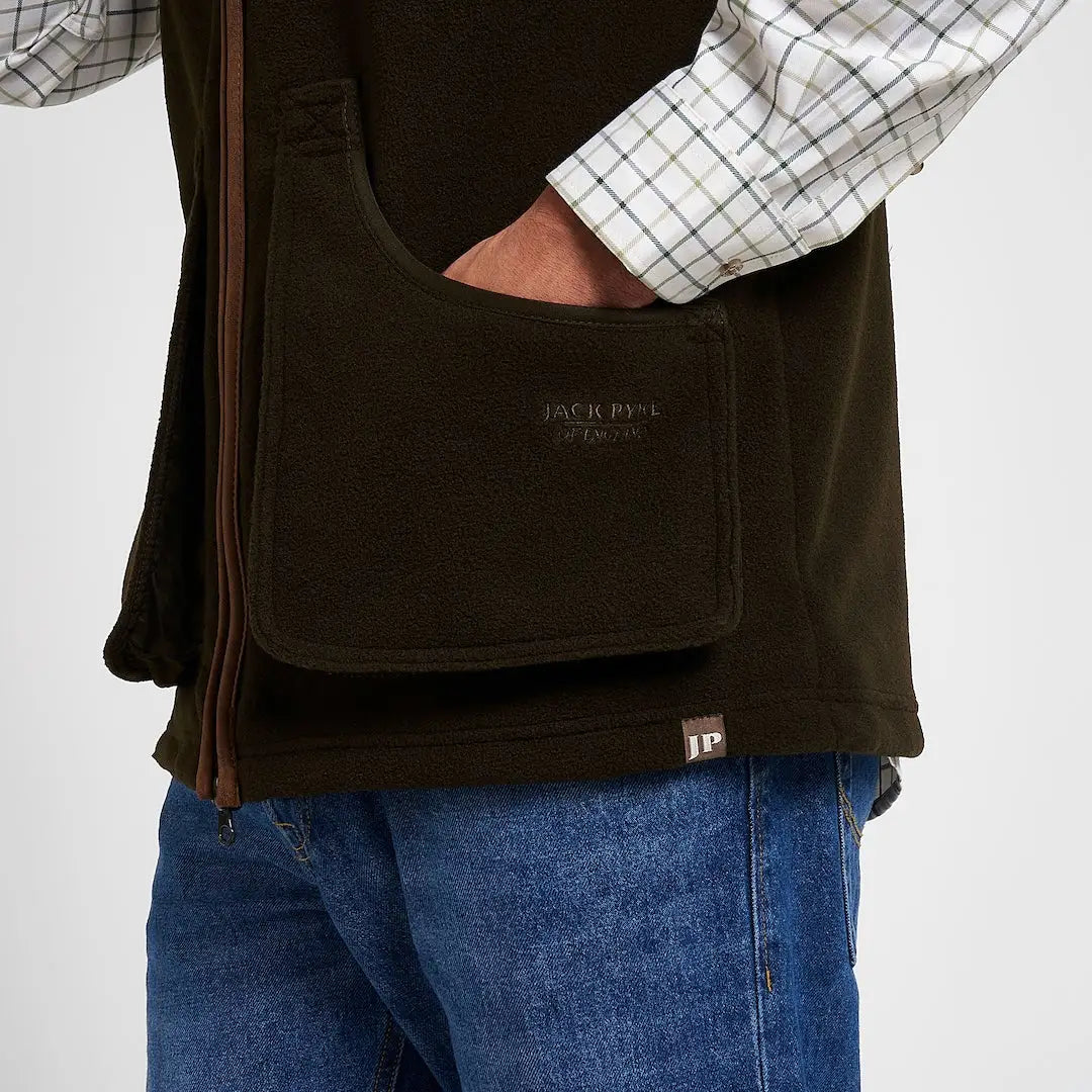 Dark olive green Jack Pykes shooters gilet with brown zipper trim