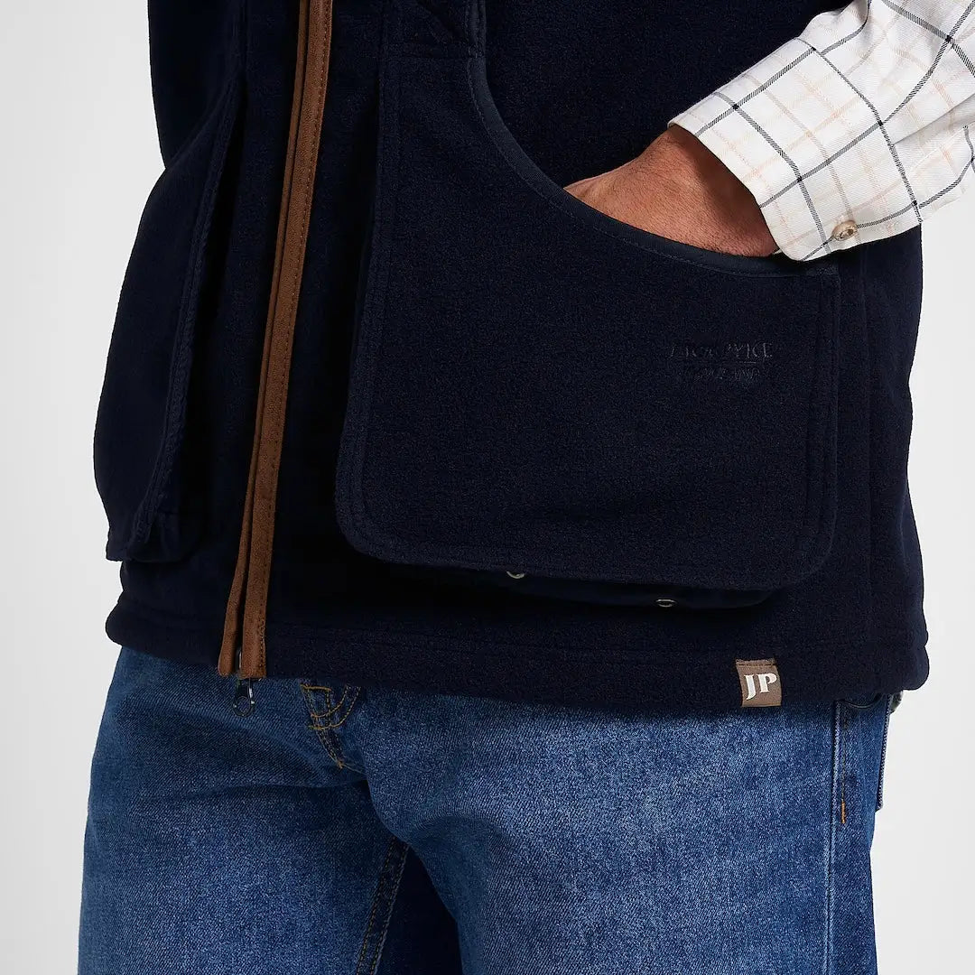 Navy blue Jack Pyke Shooters Gilet with brown leather trim