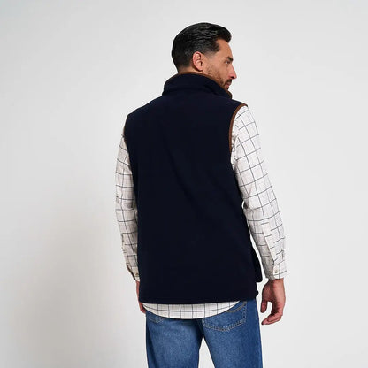 Jack Pyke shooters gilet: navy blue fleece vest with brown leather trim