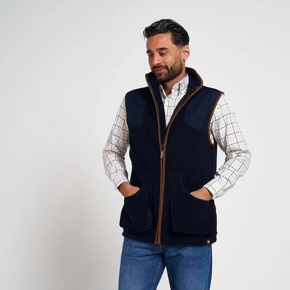 Jack Pyke Shooters Gilet navy blue fleece vest with brown leather trim