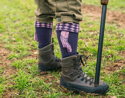 Leather hiking boots paired with Jack Pyke Shooting Socks showcase classic outdoor fashion