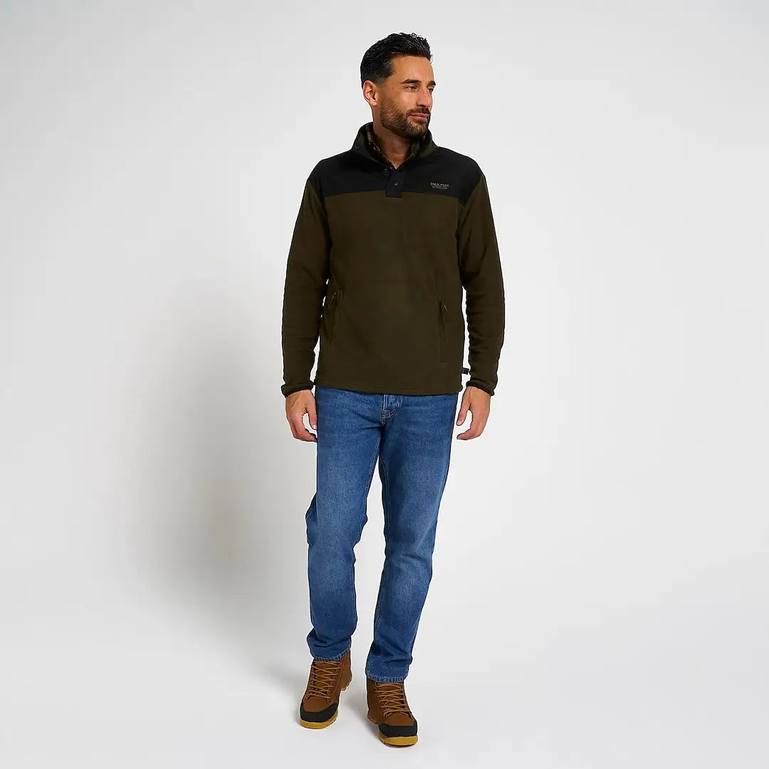 Jack Pyke snap neck fleece top in olive green and black
