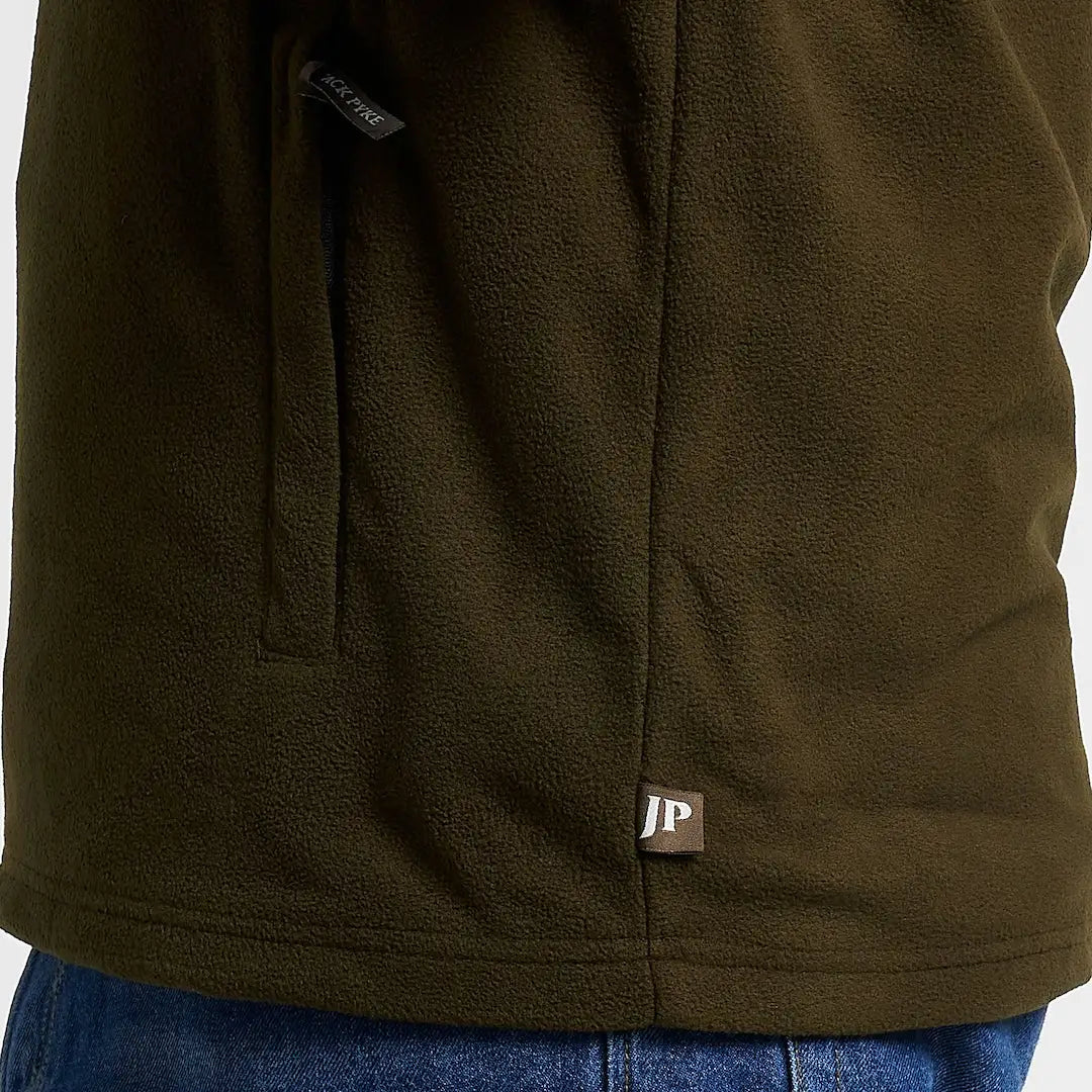 Jack Pyke snap neck fleece top in olive green with front zipper pocket