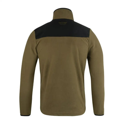 Olive green Jack Pyke Snap Neck Fleece Top with black shoulder panels and high collar