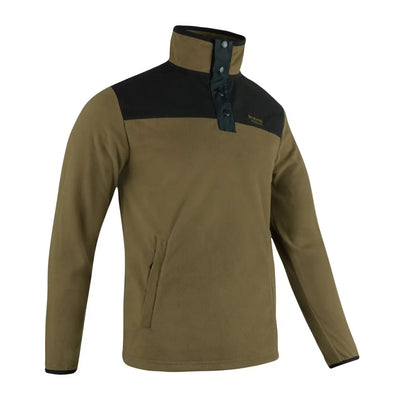 Olive green Jack Pyke Snap Neck Fleece Top with black shoulder panel and high collar