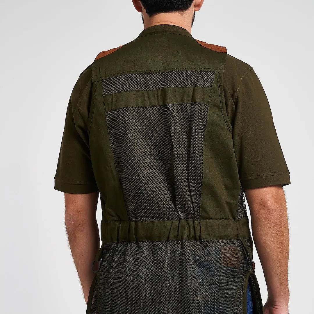 Jack Pyke Sporting Skeet Vest in olive green with mesh panels and leather accents