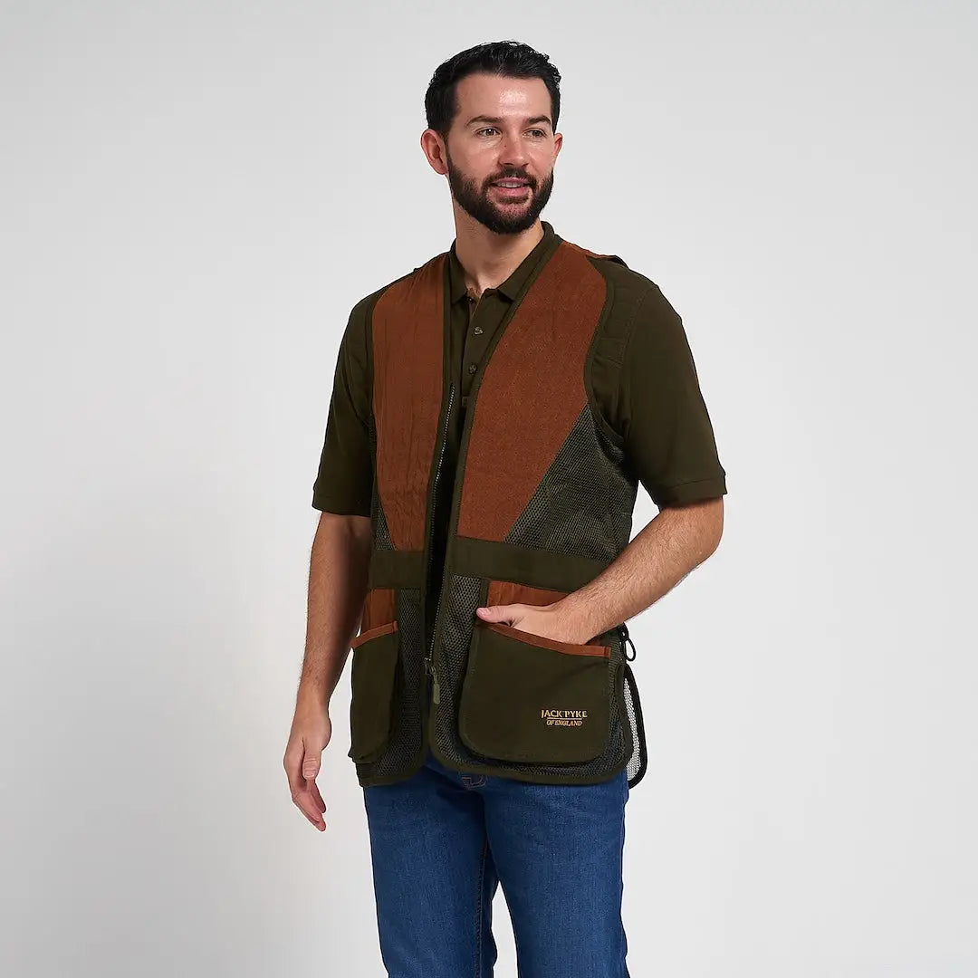 Jack Pyke Sporting Skeet Vest in olive green and brown splice with mesh fabric mix
