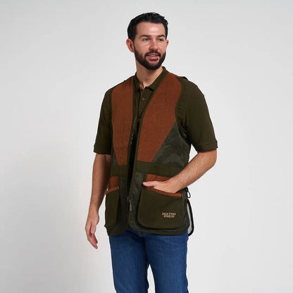Jack Pyke Sporting Skeet Vest in olive green and brown splice with mesh fabric mix