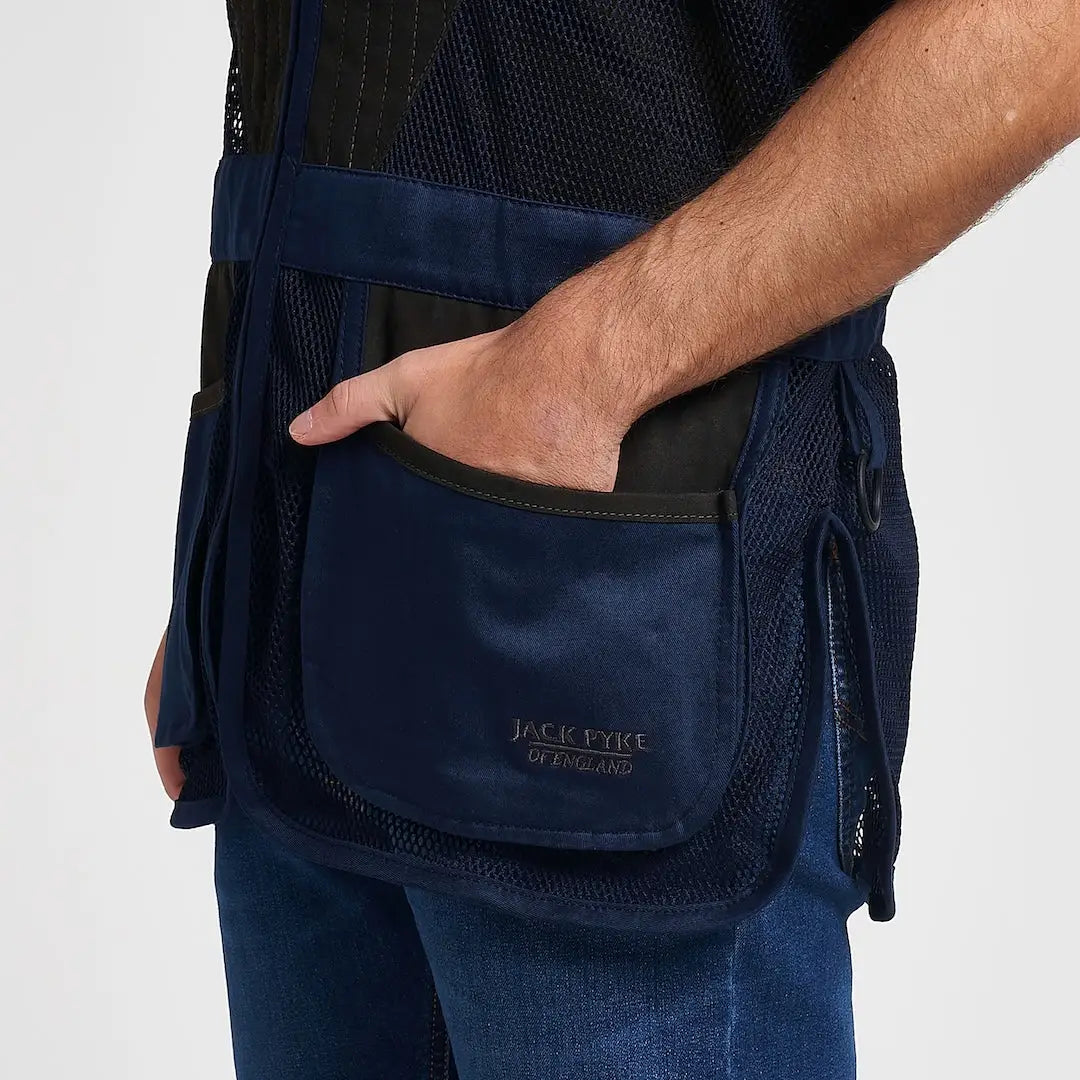 Jack Pyke Sporting Skeet Vest in navy blue mesh with suede pocket