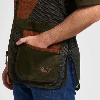Jack Pyke Sporting Skeet Vest in olive green with suede pocket logo