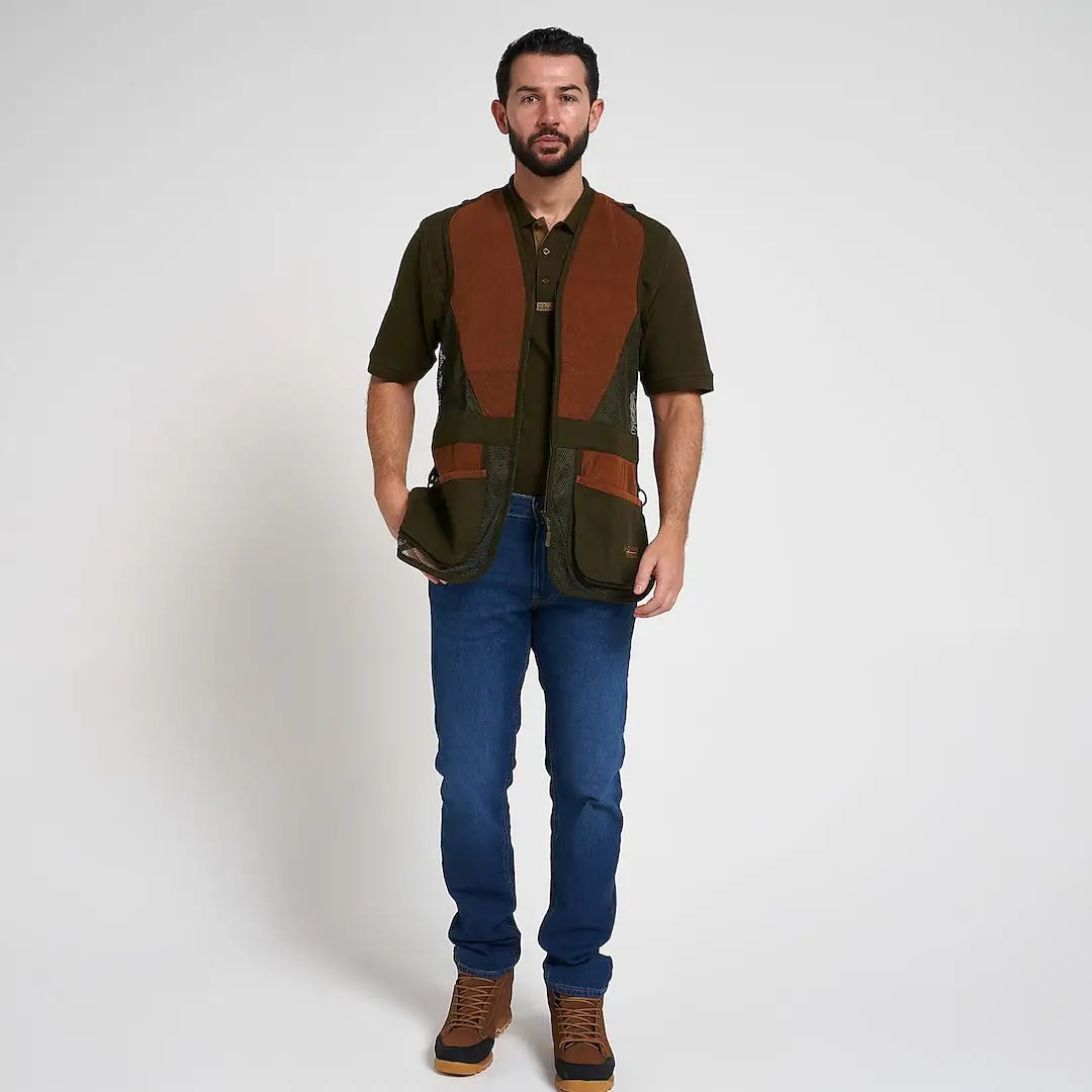 Jack Pyke Sporting Skeet Vest in olive and brown with mesh panels and pockets