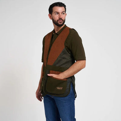 Jack Pyke Sporting Skeet Vest in olive green and brown, durable fabric with mesh