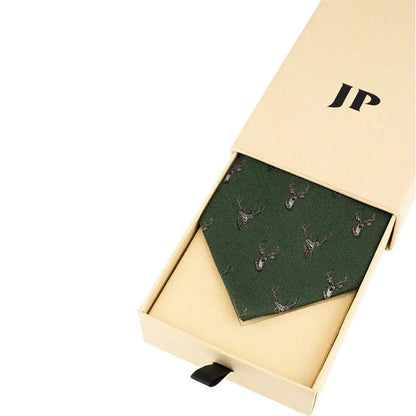 Green Jack Pyke Stag Silk Tie with deer antler pattern in a stylish beige box