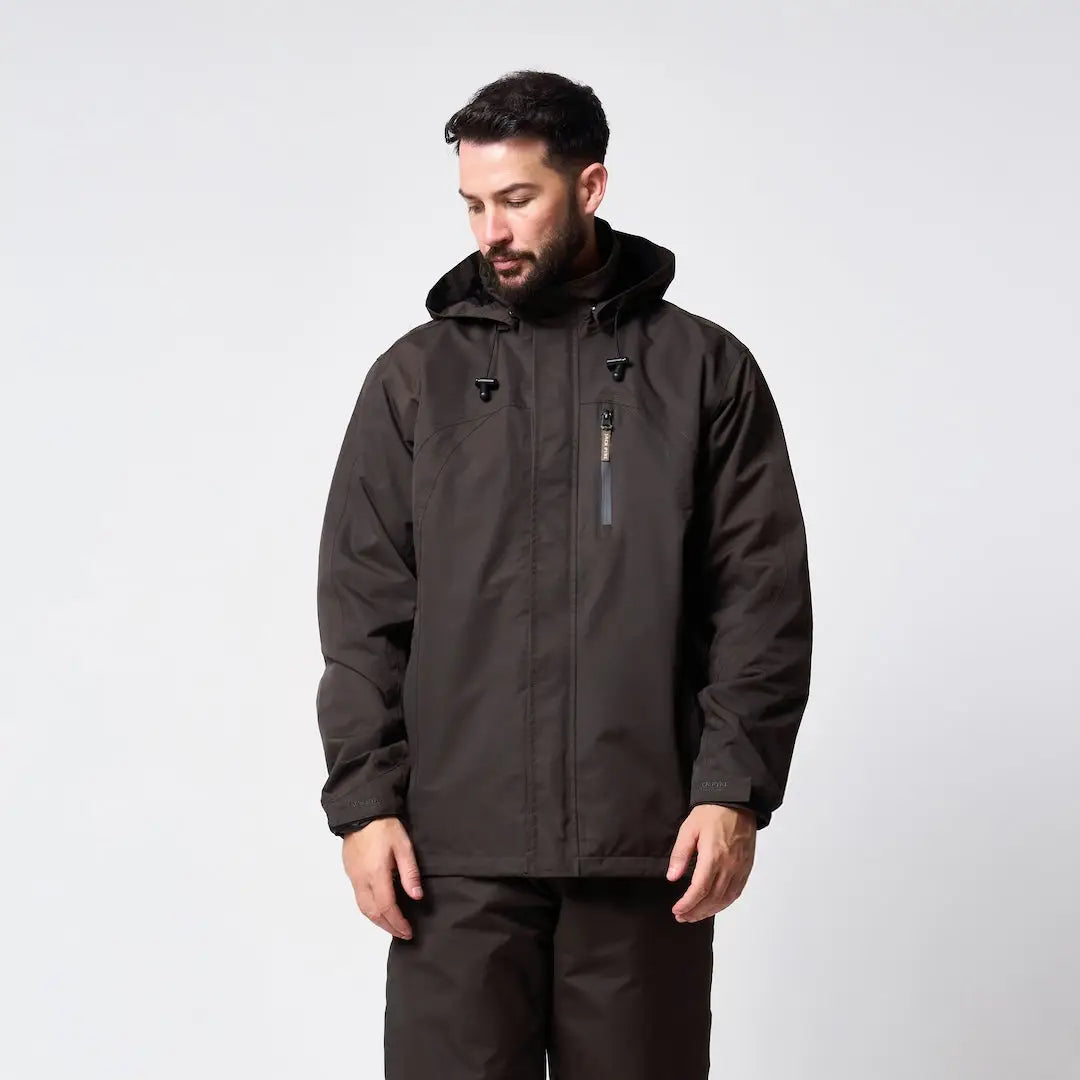 Dark gray waterproof Jack Pyke Technical Featherlite Jacket with hood and zipper