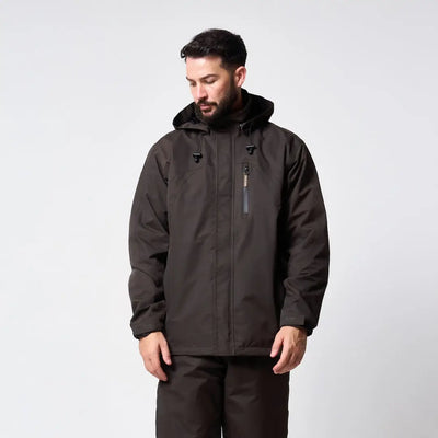 Dark gray waterproof Jack Pyke Technical Featherlite Jacket with hood and zipper