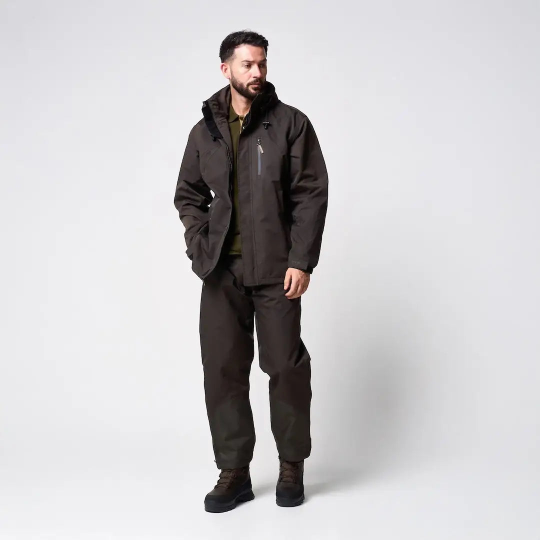 Jack Pyke Technical Featherlite Jacket in dark olive-green waterproof style with hood and fleece lining