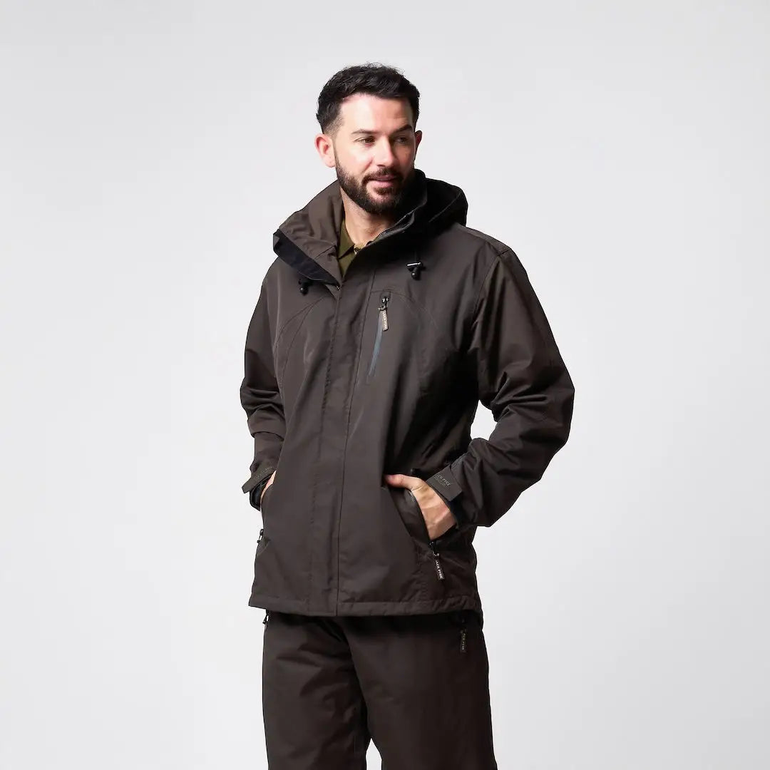Dark brown Jack Pyke Technical Featherlite Jacket with hood, zip pockets, adjustable cuffs